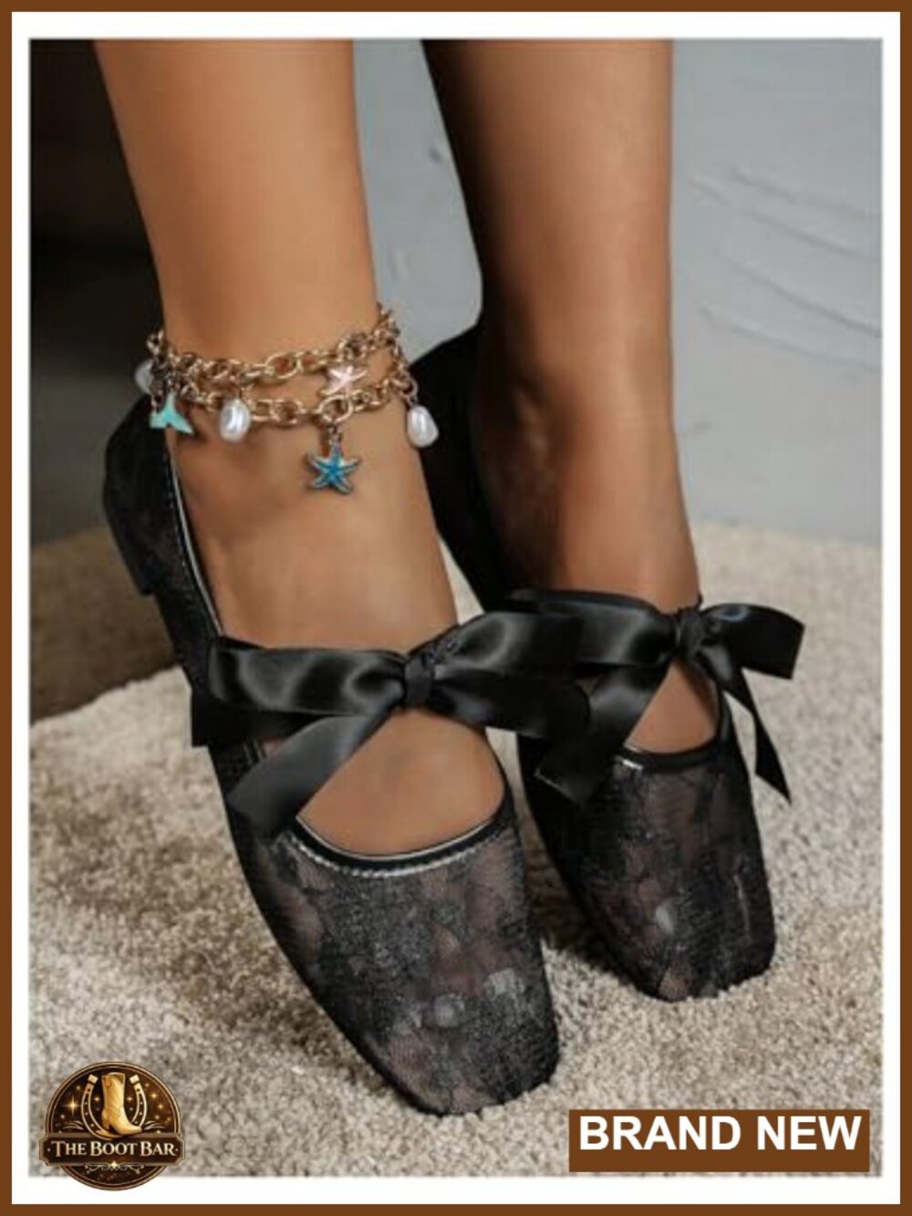 Floral Lace Mesh Ballet Flats Comfortable Dressy Square Closed Toe Bow - Picture 3 of 4